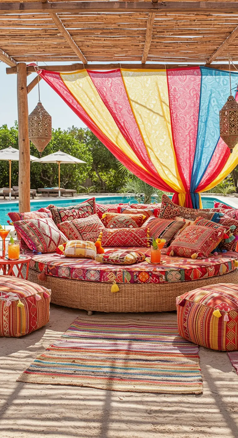 A colorful rattan daybed with mixed-pattern pillows under a vibrant fabric canopy by a pool.