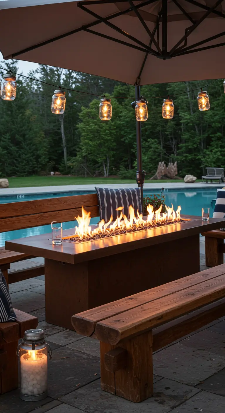 A long, rectangular fire pit table by a pool, with wooden benches and mason jar lights.