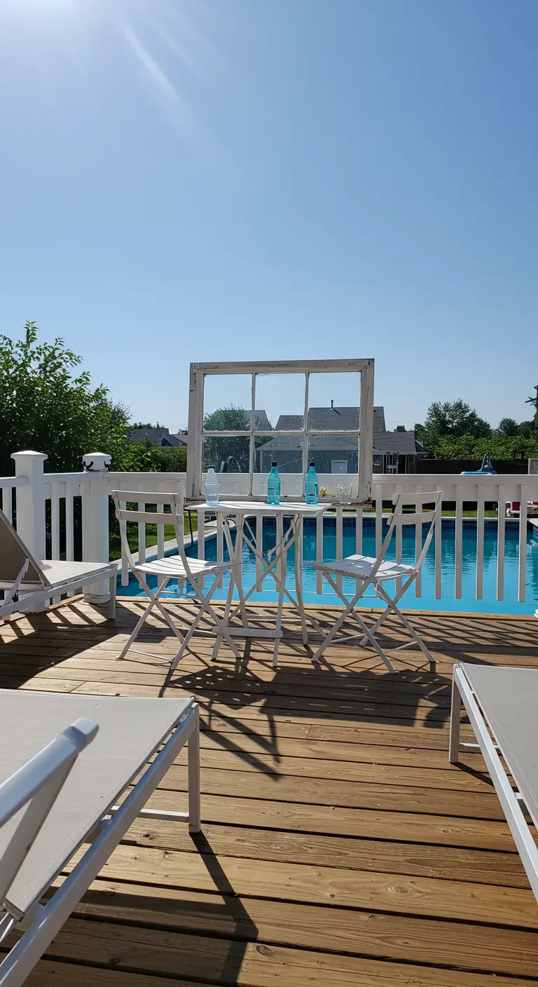 A white window frame stands on a wooden pool deck behind a small white bistro table, overlooking the water.