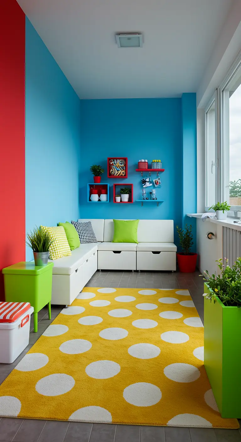 A colorful balcony with blue and red walls, a white sofa, and a yellow polka-dot rug.