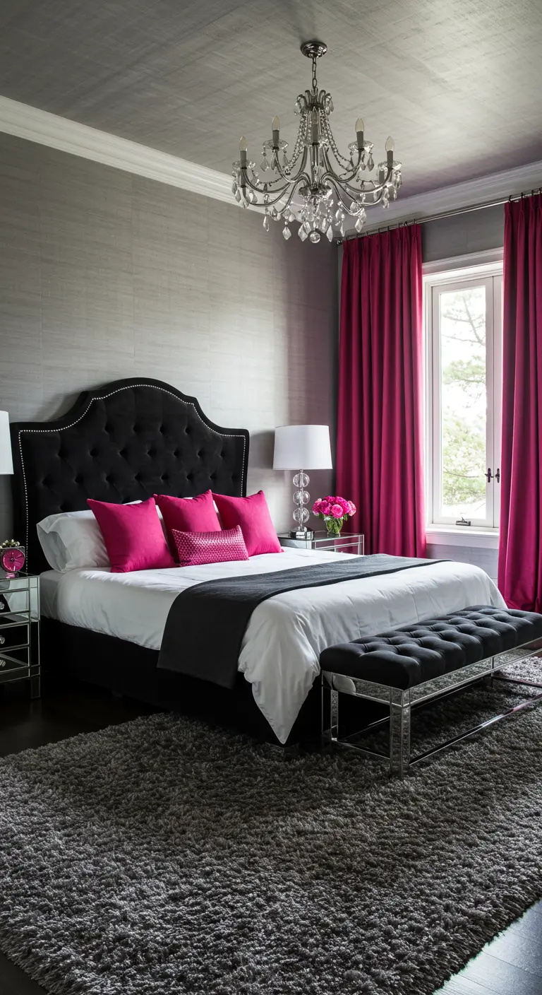 A grey and black bedroom with bright magenta pillows and curtains as accents.