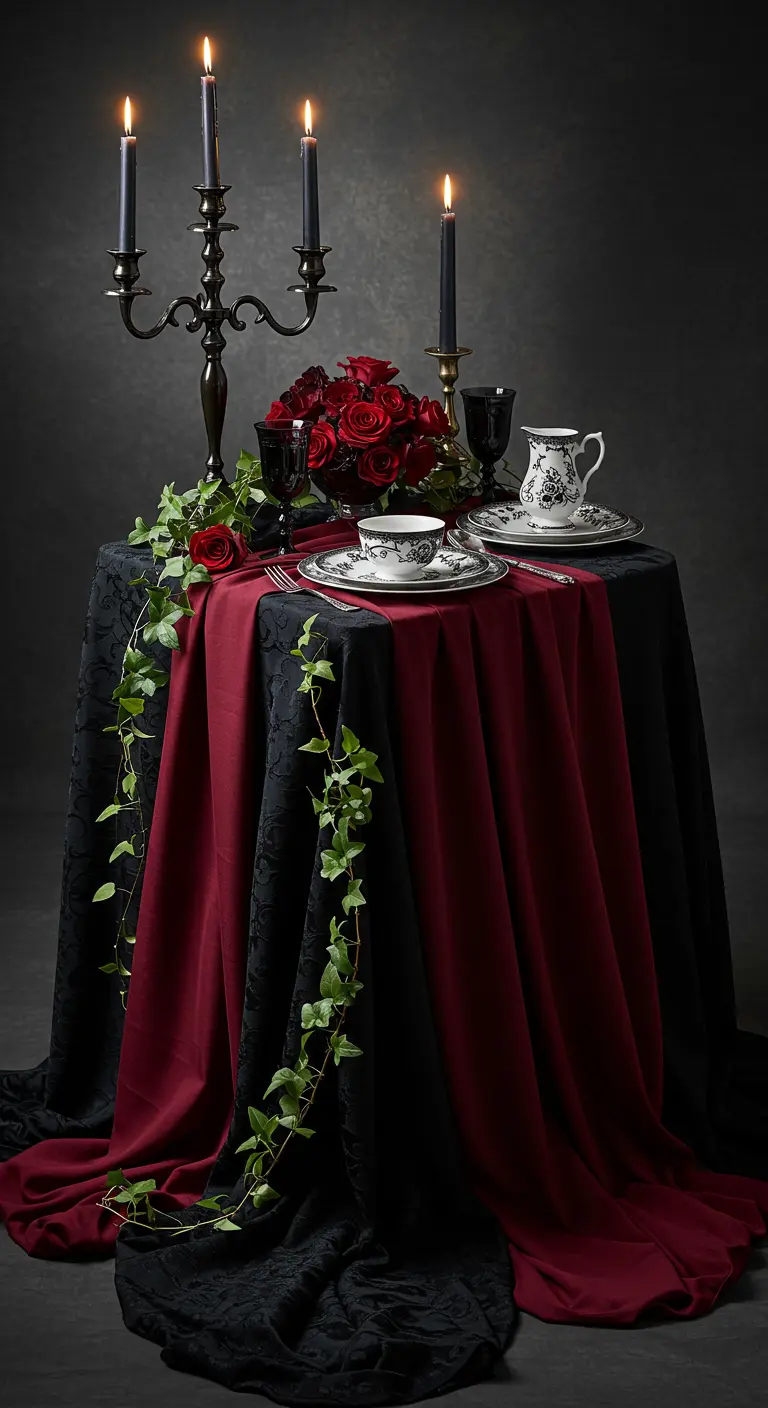 A dramatic table for two with draped red and black cloths, ivy, and red roses.