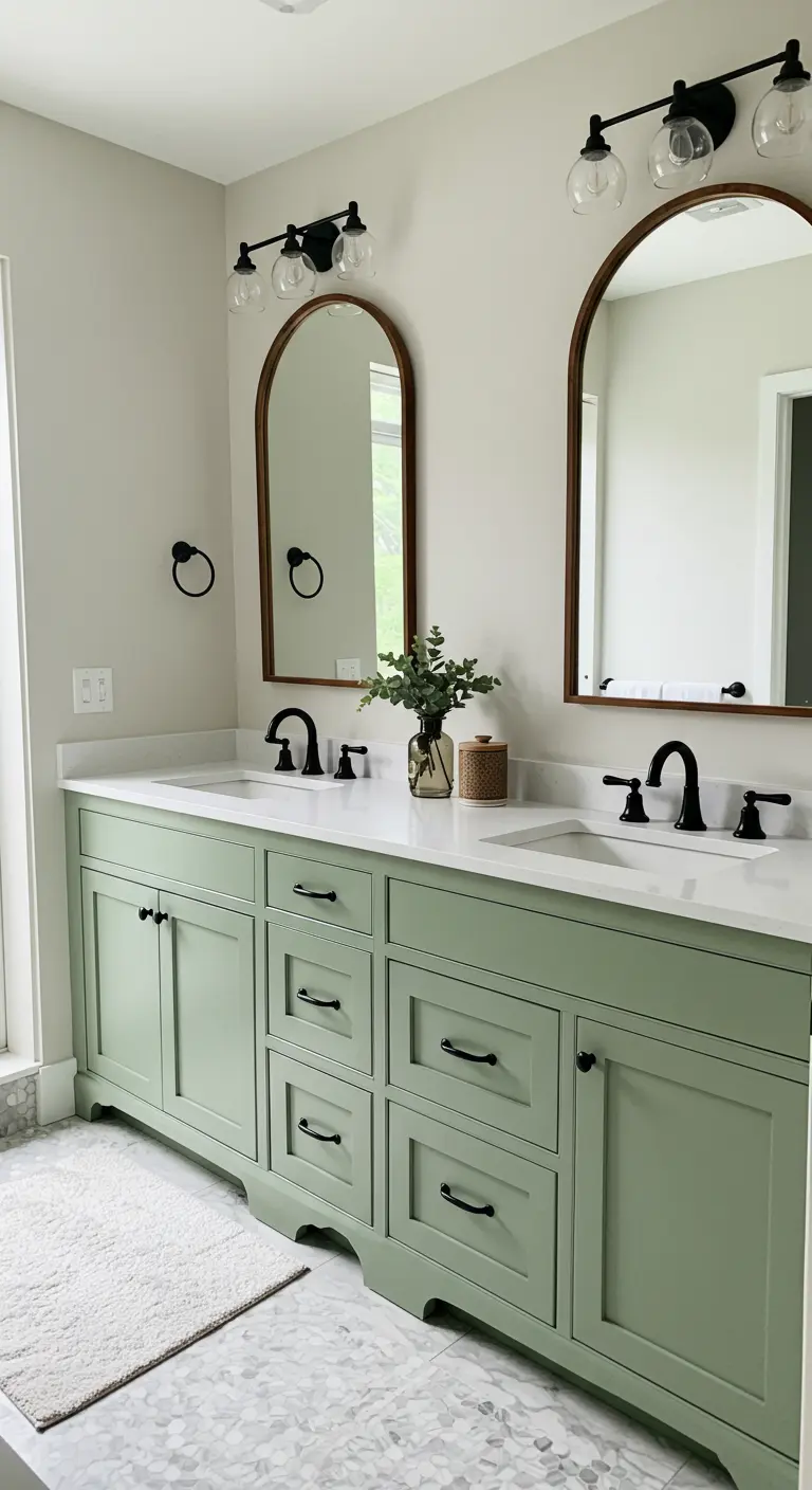 Bathroom with a double vanity painted sage green, topped with white counters and black hardware.