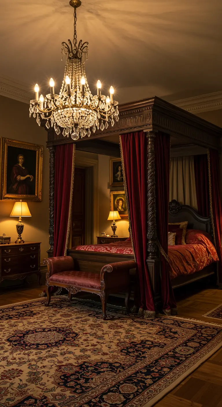 Traditional bedroom with a four-poster bed, red velvet drapes, and a large crystal chandelier.