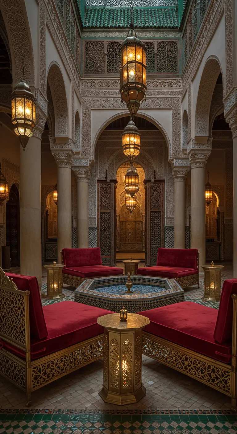 Red velvet daybeds with gold frames arranged around a fountain in a Moroccan riad.