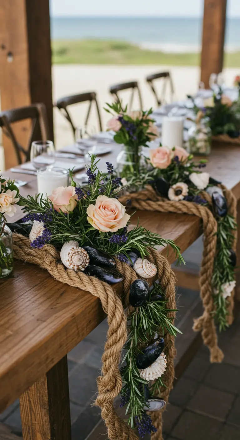 A thick nautical rope garland woven with roses, rosemary, and mussel shells.
