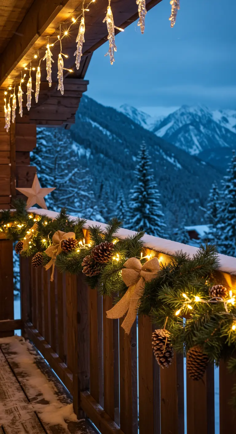 A wooden balcony railing decorated with pine garland, pinecones, burlap bows, and icicle lights.