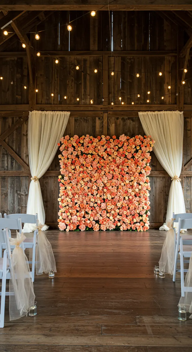 A flower wall of orange and peach roses set against a rustic wooden barn wall with string lights.