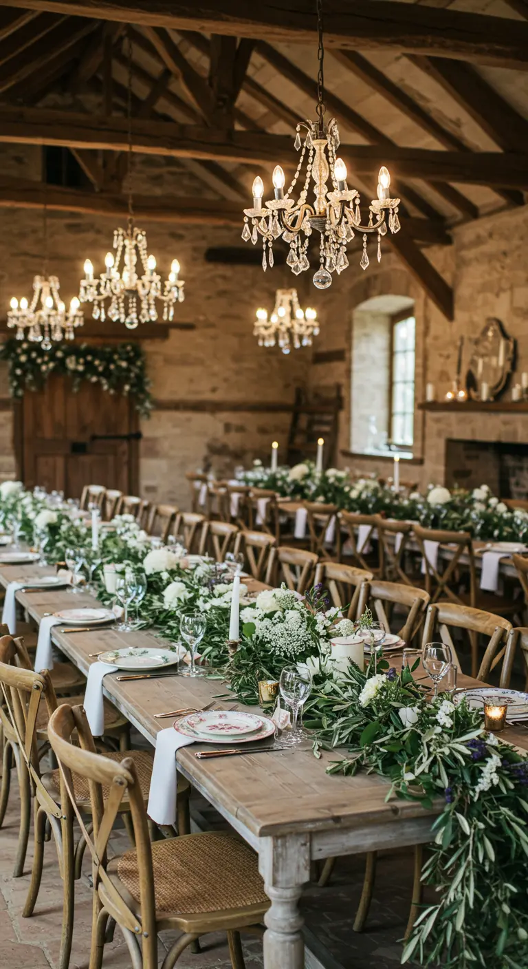 Long wooden tables in a rustic barn with wildflower garlands and crystal chandeliers.