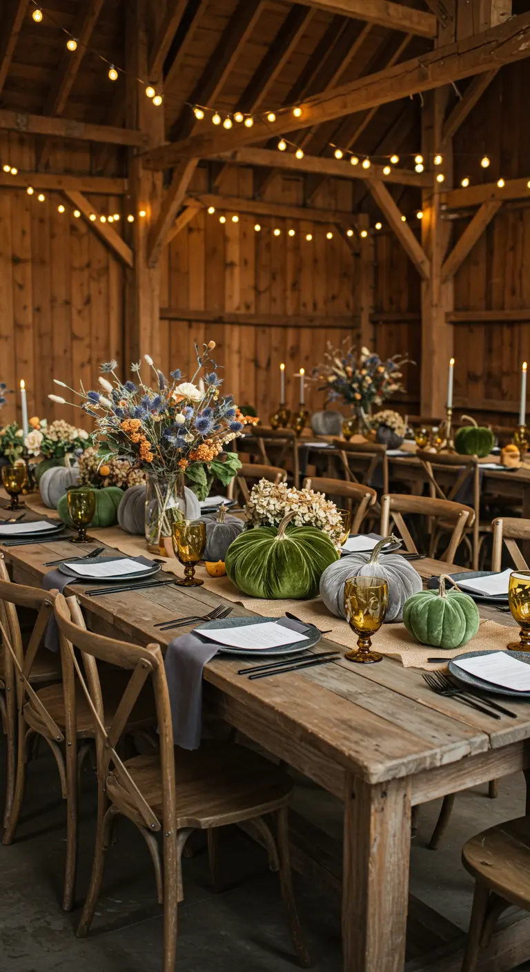 Rustic barn table setting with olive green velvet pumpkins and string lights.