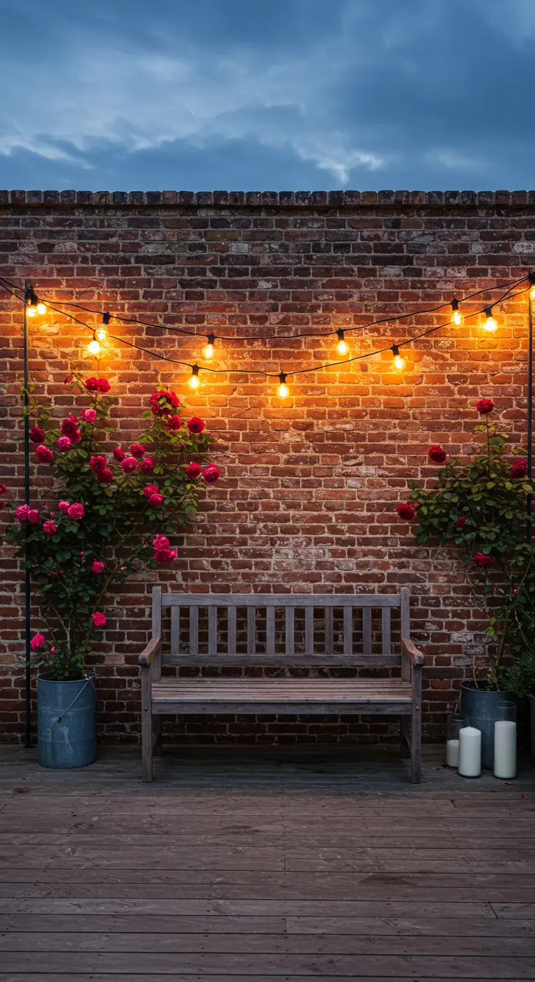 A weathered brick wall with a wooden bench, flanked by climbing pink roses and topped with string lights.
