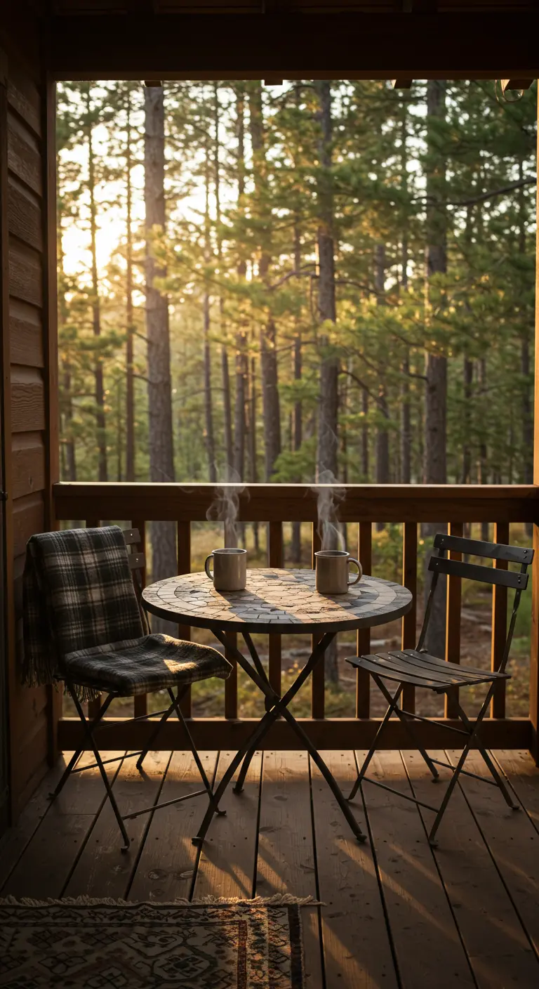 Mosaic bistro set on a rustic wooden porch overlooking a pine forest at sunrise.