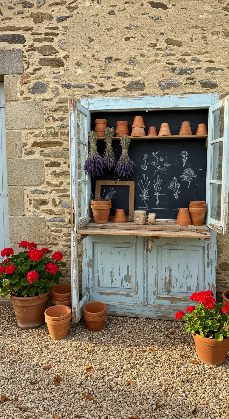 A weathered blue cabinet made from an old door, displaying terracotta pots and dried lavender.
