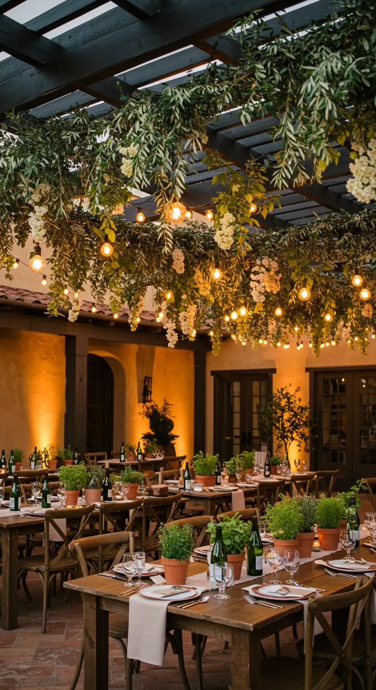 A wooden pergola ceiling draped with greenery, white flowers, and strings of Edison bulbs.