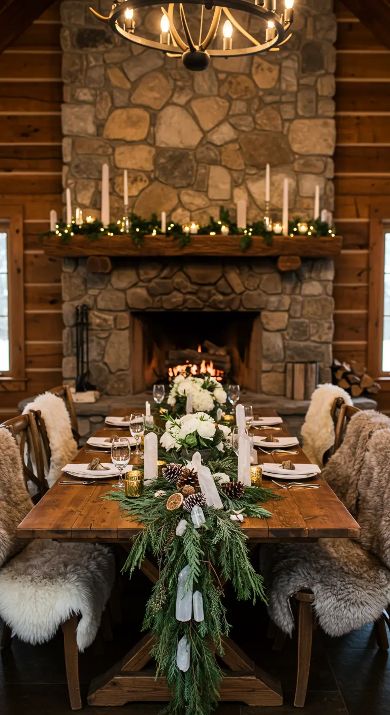Rustic wooden table with a pine garland, candles, and large quartz crystals in front of a fireplace.