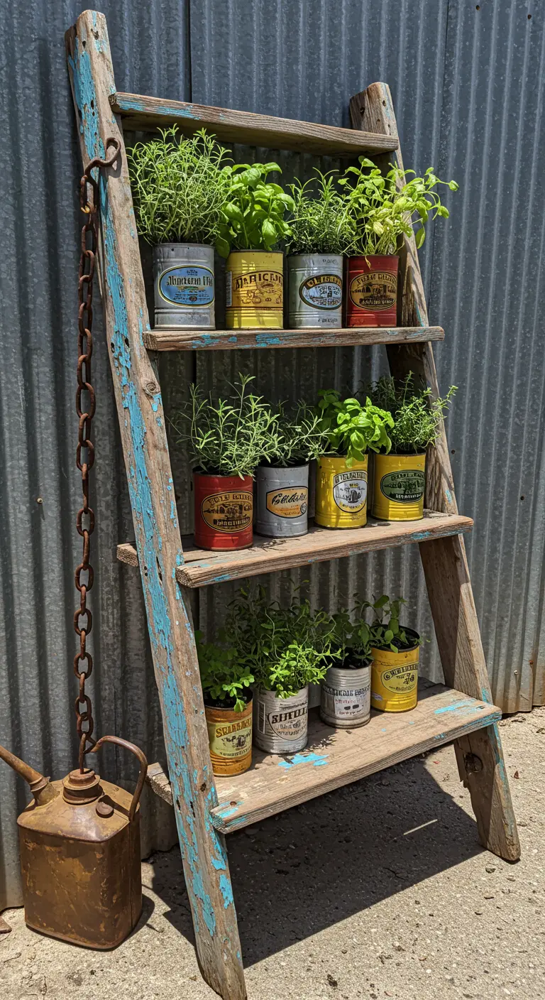 A weathered blue ladder with vintage tins used as herb planters, secured with a rusty chain.