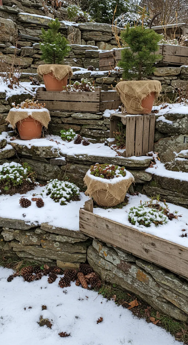 A terraced stone wall decorated with wooden crates and burlap-wrapped terracotta pots holding small evergreens.