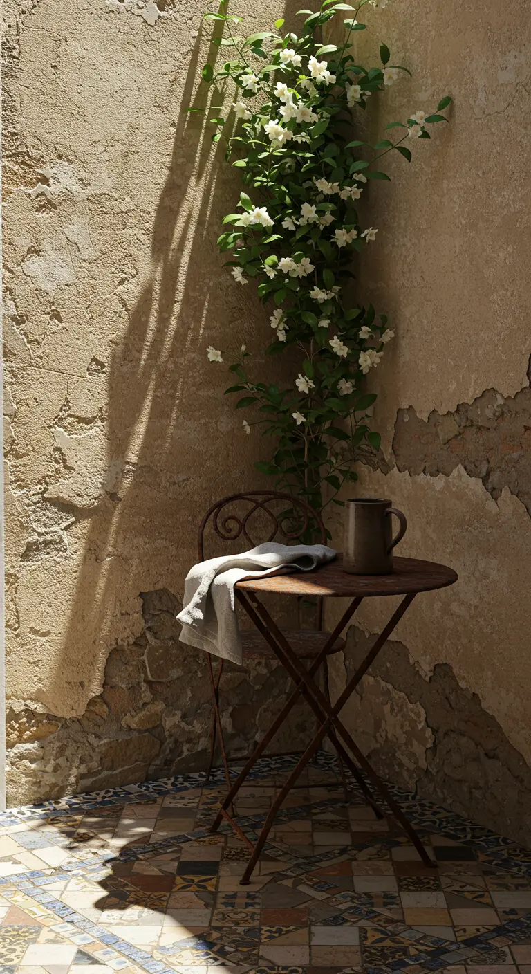 A rusty bistro chair and table against a weathered wall with colorful floor tiles.