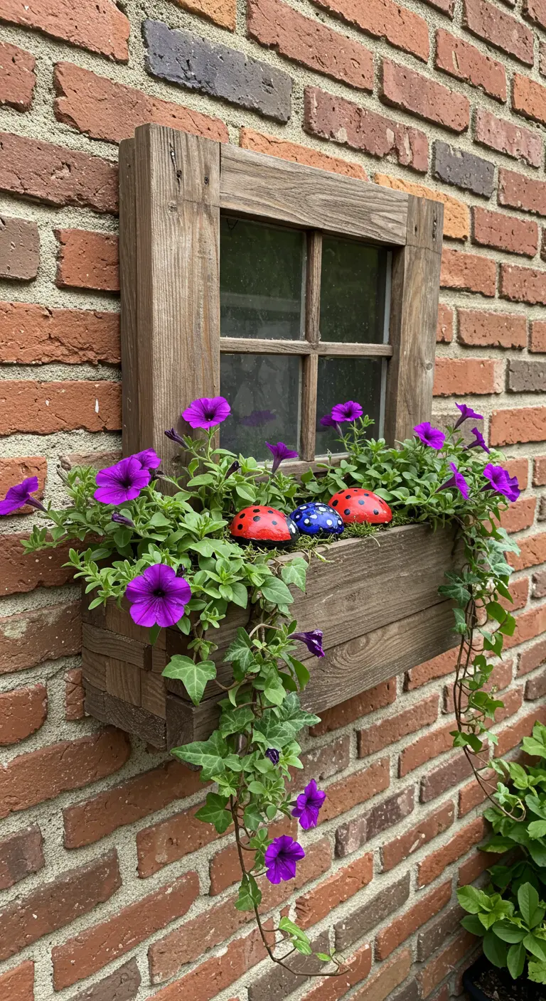 Two ladybug rocks tucked into a rustic wooden window box filled with purple petunias.