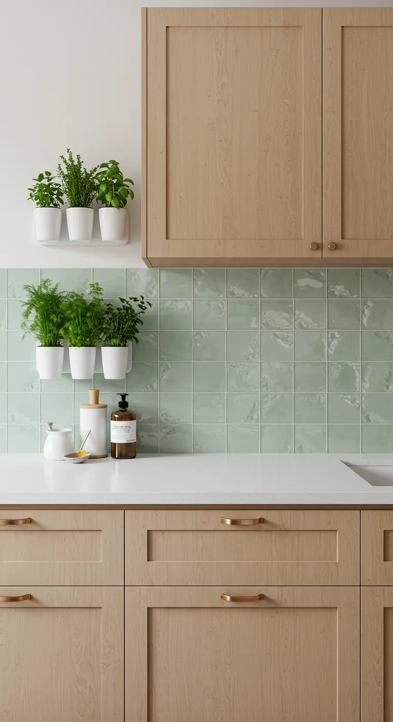 Light wood cabinets with mint green square tiles and white wall-mounted herb planters.