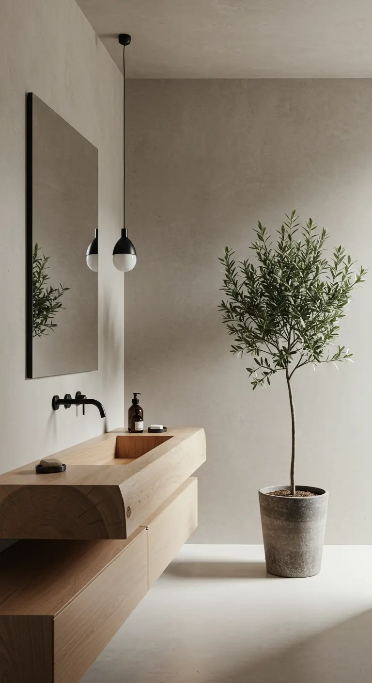 Minimalist bathroom with a light wood vanity, plaster walls, and an olive tree in a pot.