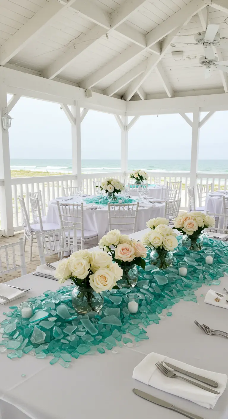 A table runner made of turquoise sea glass with vases of white roses.