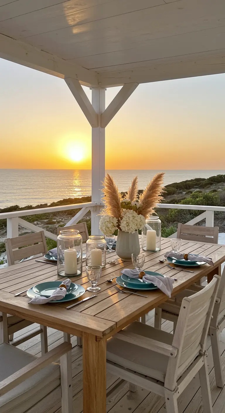A coastal dining table with pampas grass centerpiece overlooking the ocean at sunset.
