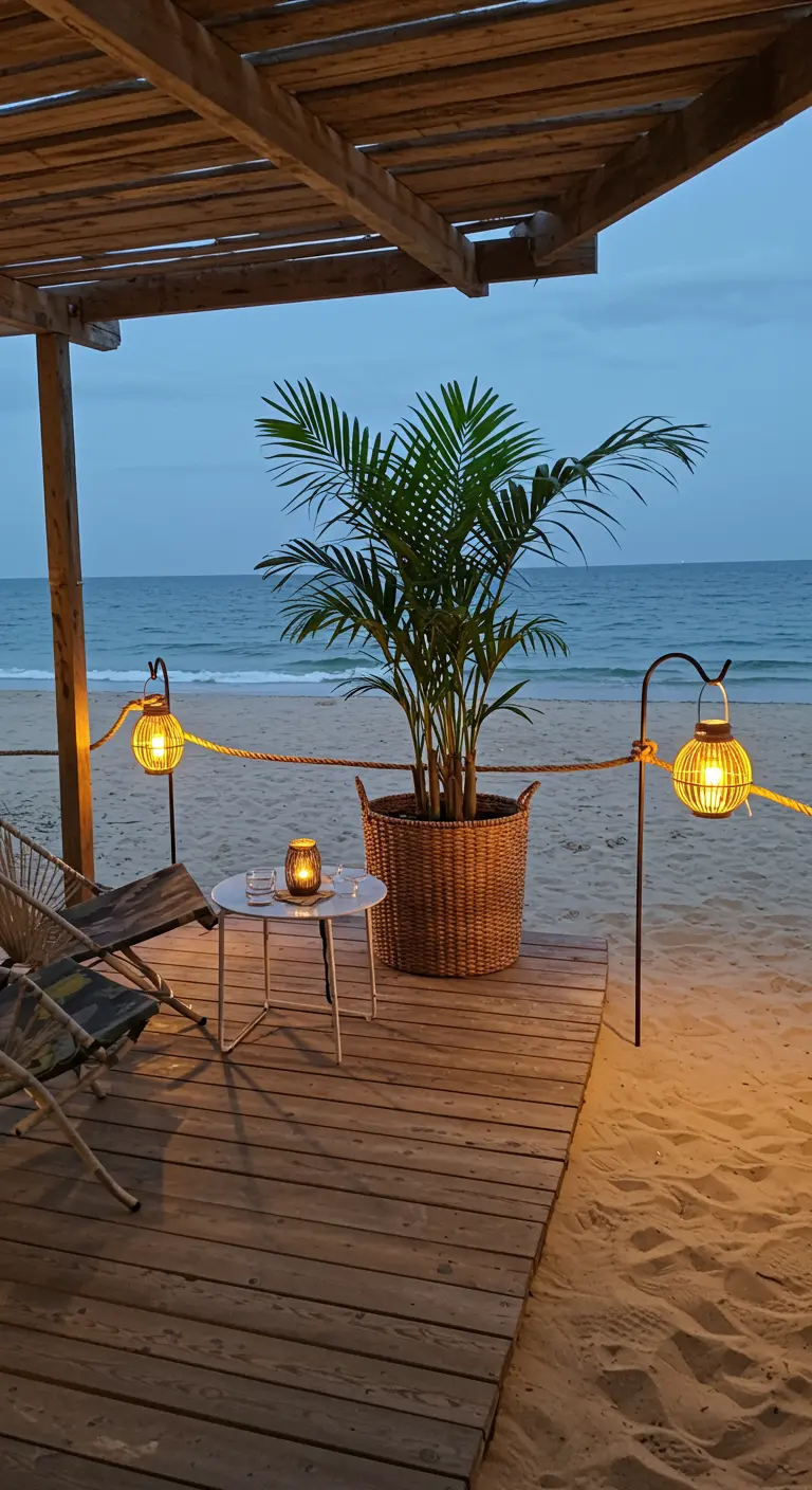 A small wooden deck on the beach with a potted palm and lanterns on stands.