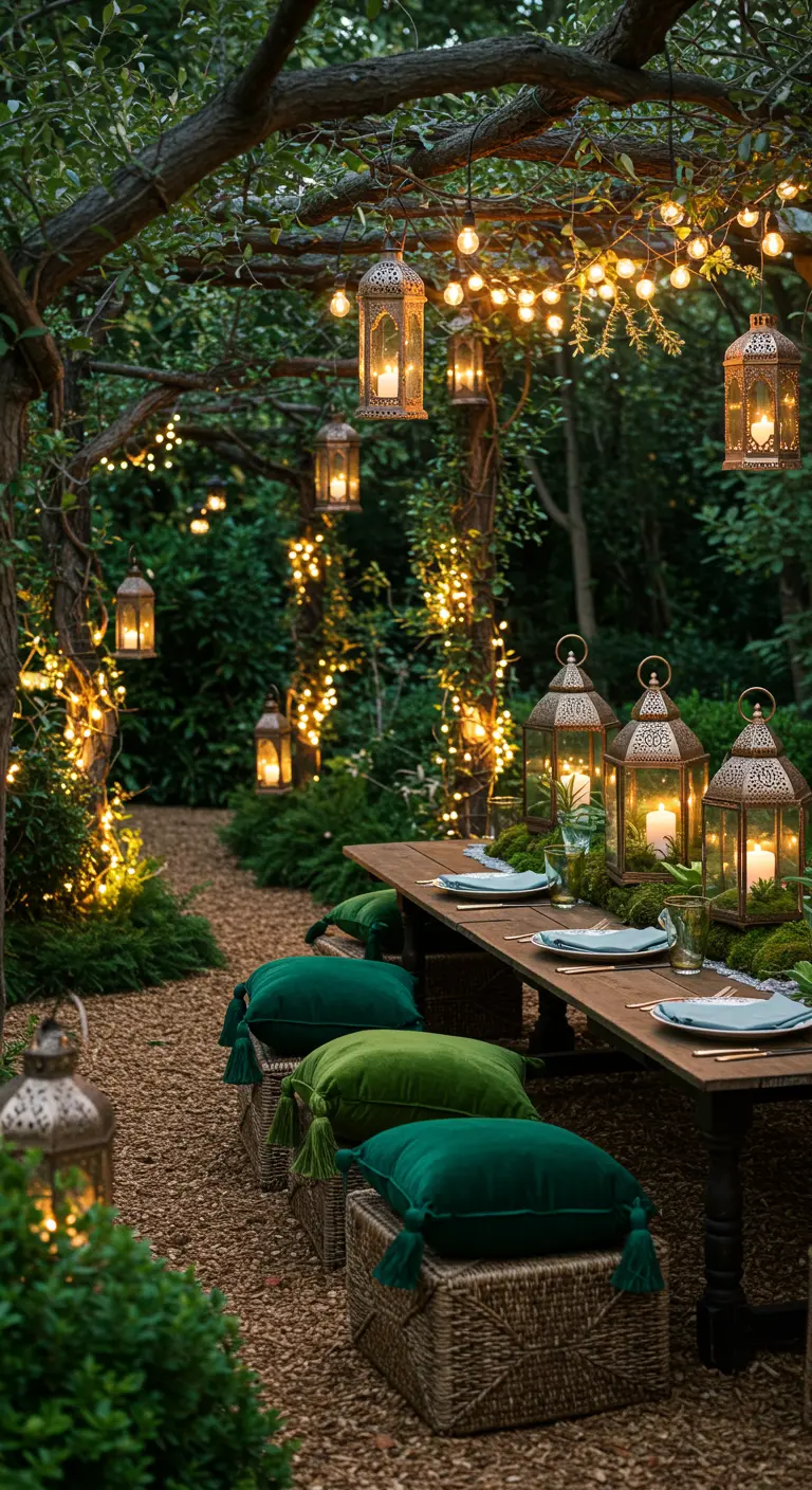 A magical garden dining table under a vine-covered pergola with hanging lanterns.