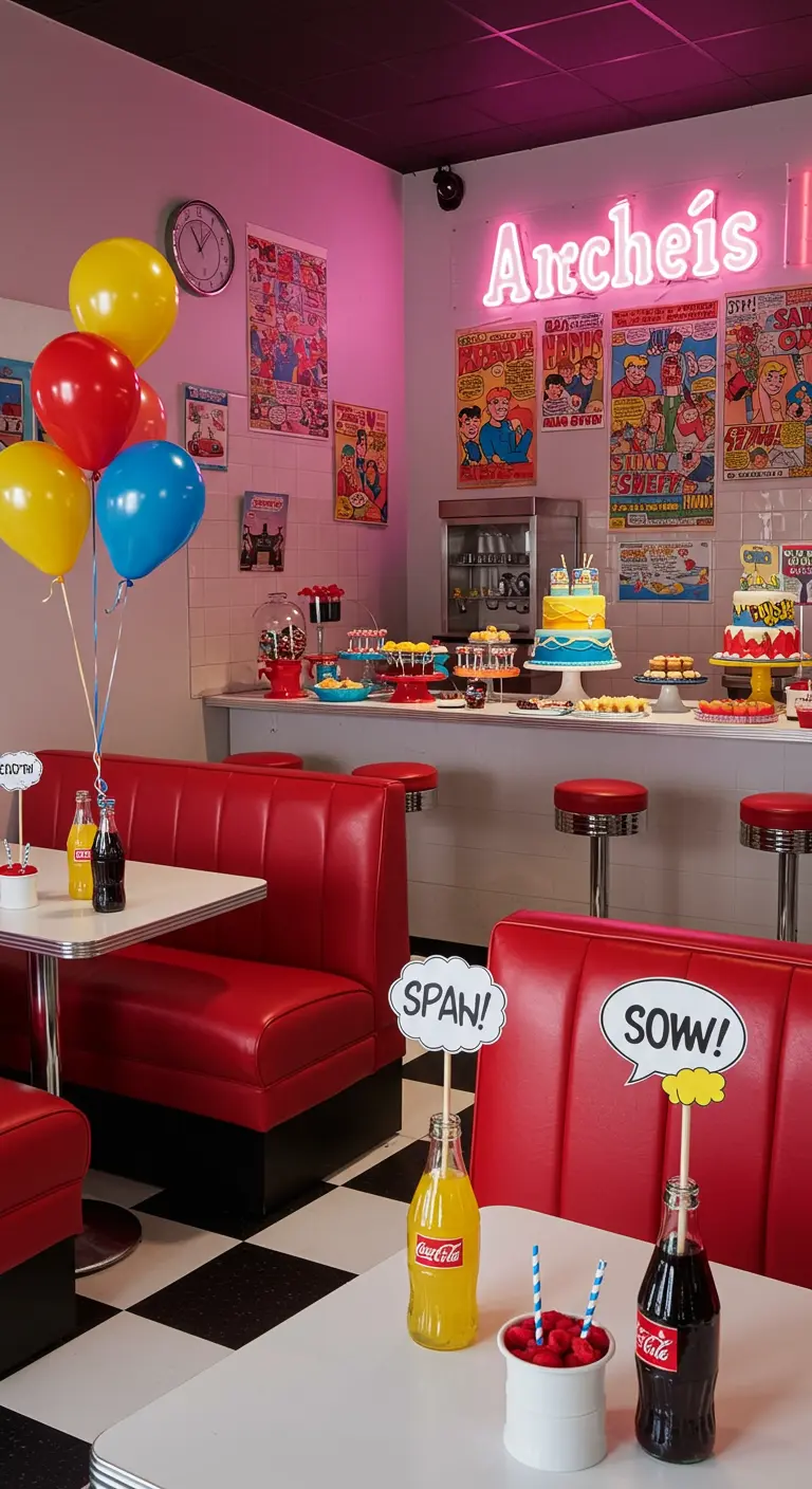Retro diner comic book party with speech bubble drink stirrers.