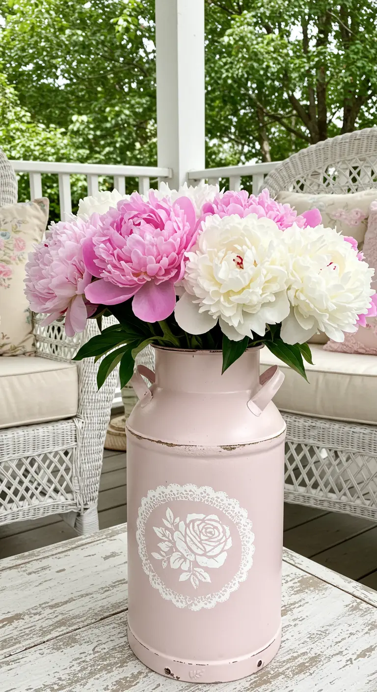 A weathered pink milk can with a white rose stencil holds a large bouquet of pink and white peonies.