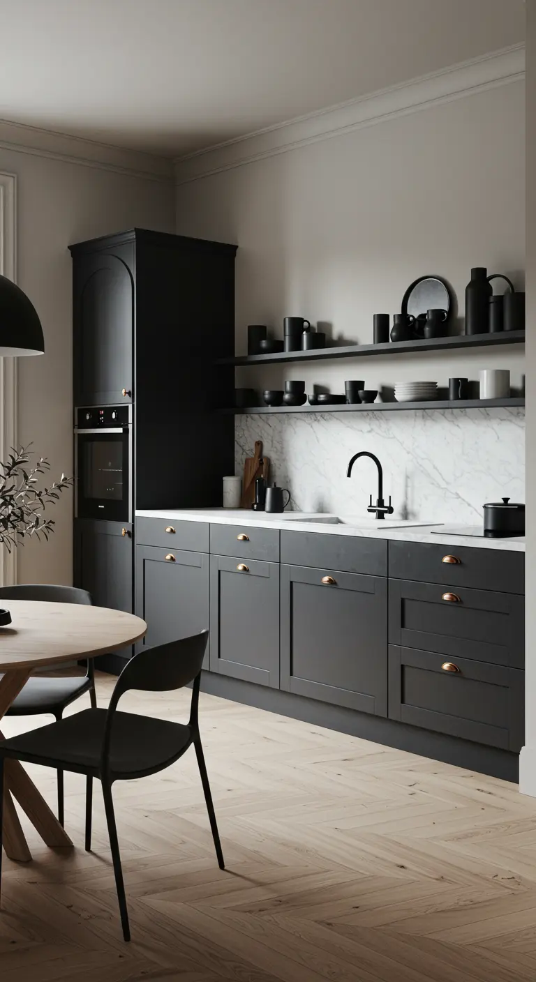 Minimalist kitchen with black lower cabinets and a single open shelf against a marble wall.