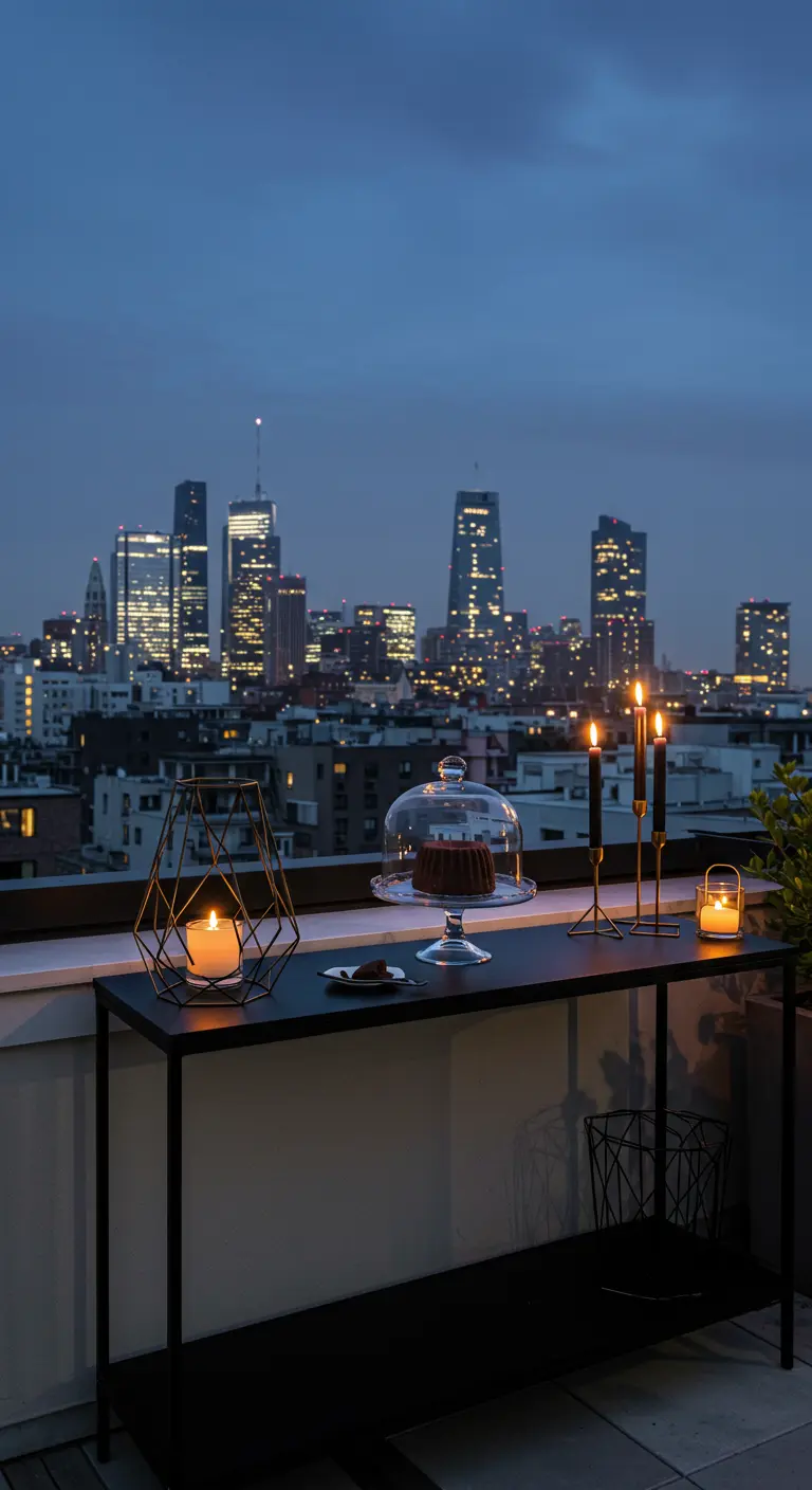 Sleek black console on a city balcony with a cake under a cloche and geometric candle holders at dusk.