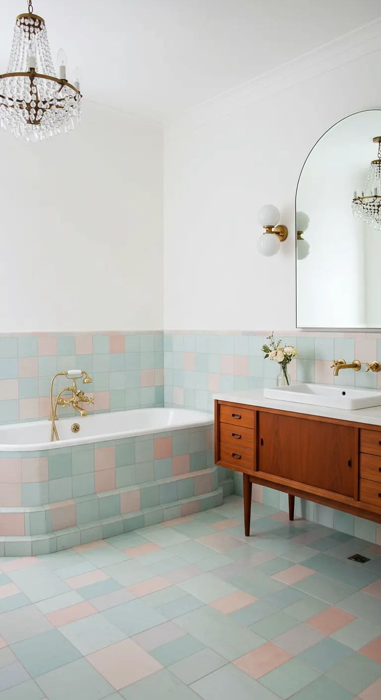 Pastel bathroom with mint and pink checkered tiles, a mid-century vanity, and a crystal chandelier.