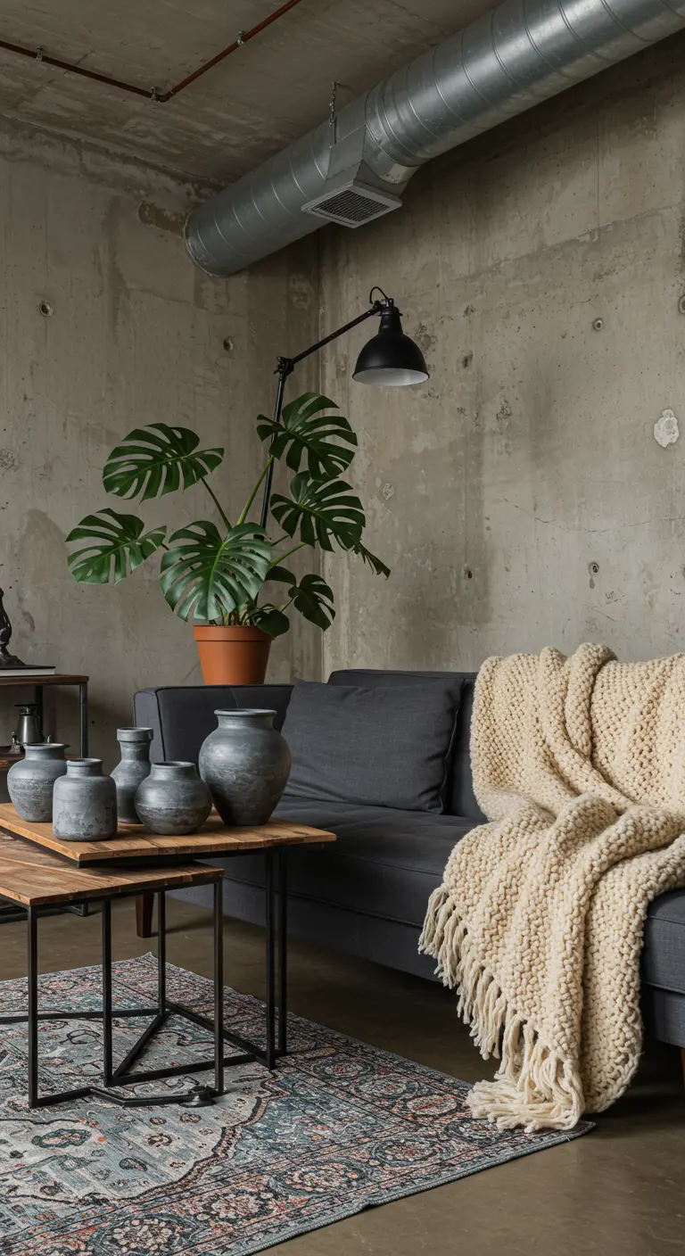A charcoal sofa against a concrete wall, softened by a very large, chunky cream knit blanket.