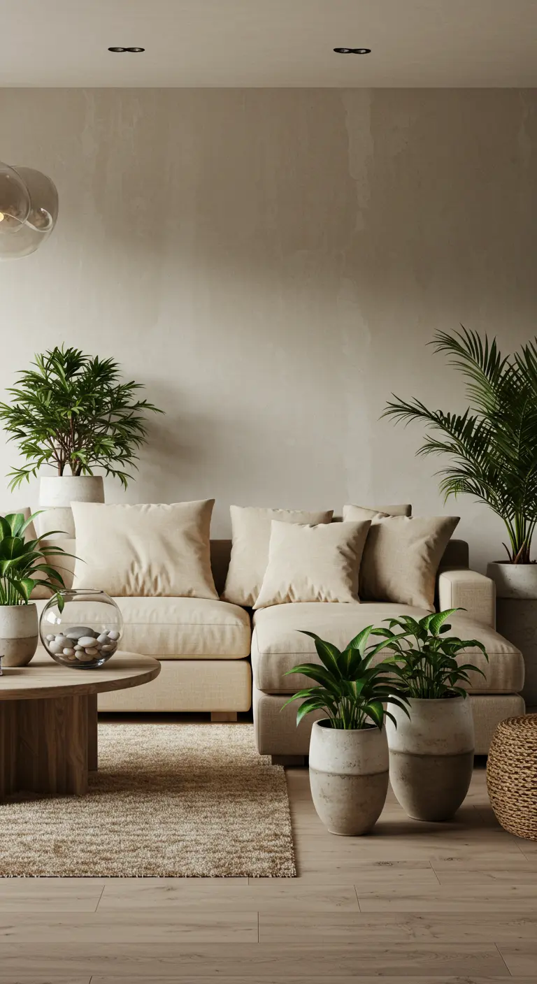 Neutral sectional sofa surrounded by numerous potted plants in textured ceramic pots.
