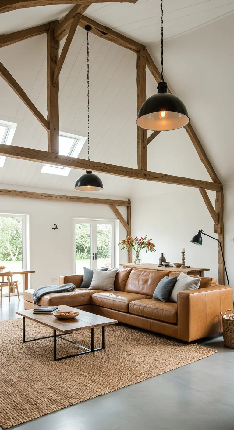 Modern rustic living room with exposed beams, white walls, and a cognac leather sectional on a jute rug.