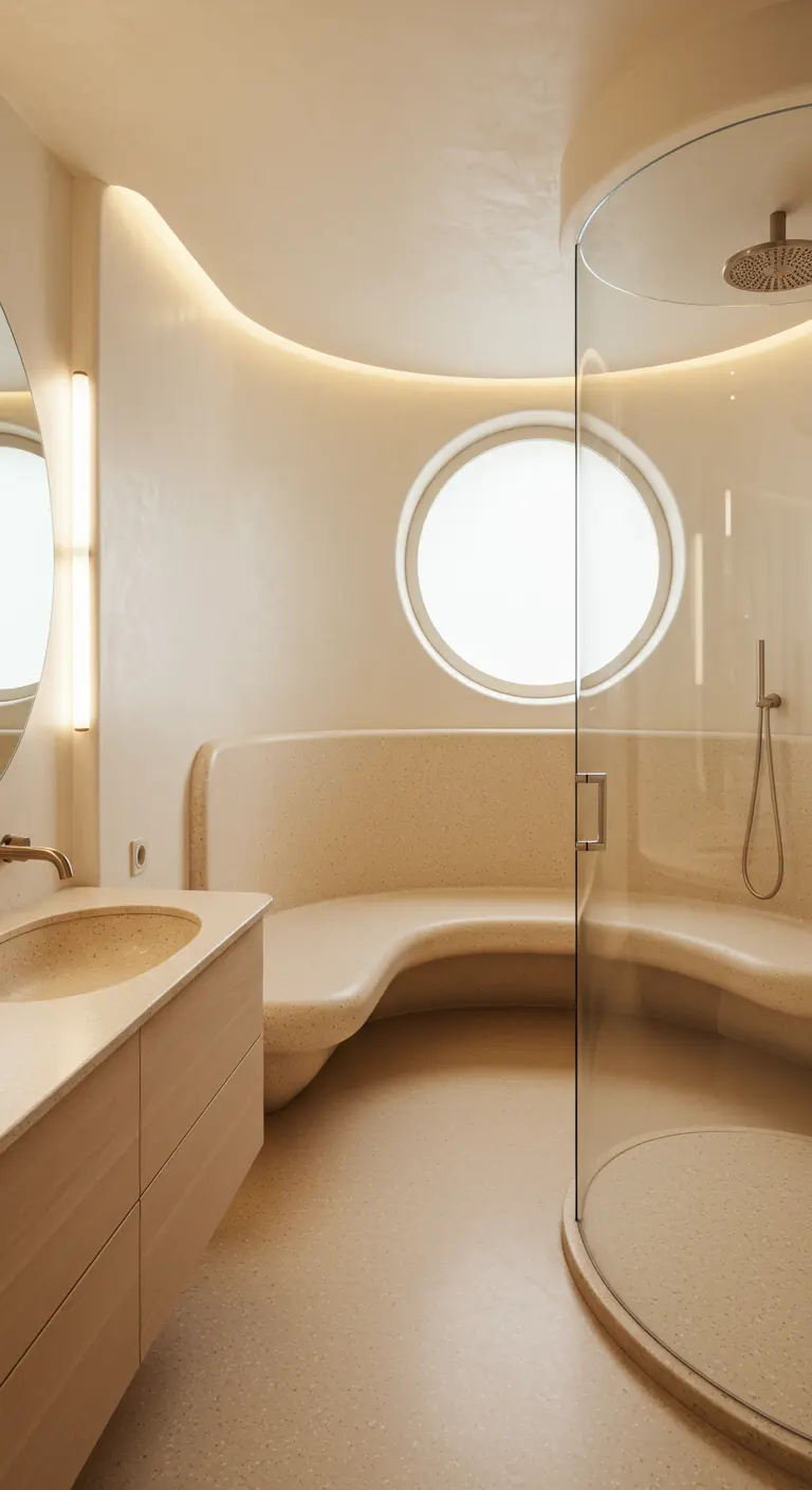 Bathroom with curved plaster walls, a round window, and a flowing terrazzo shower bench.