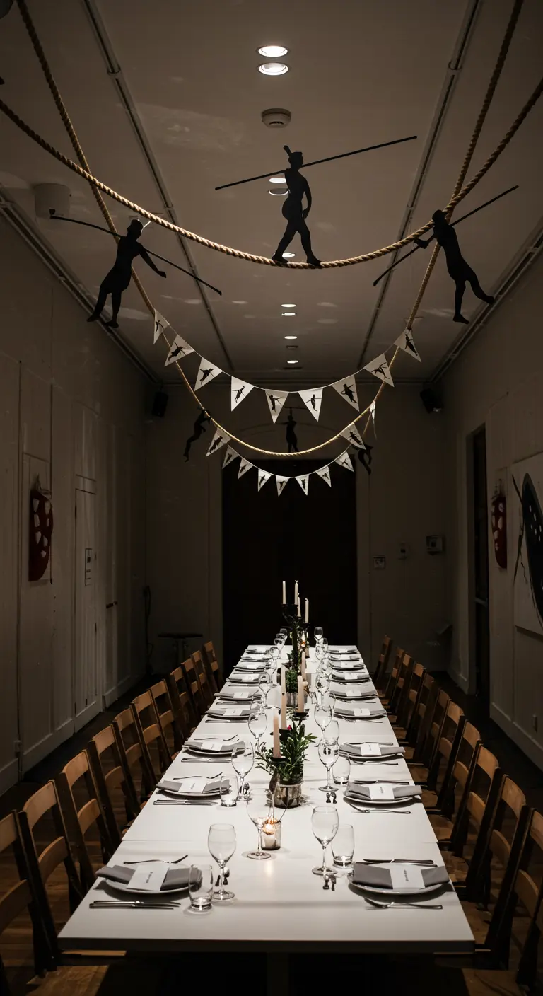Silhouettes of tightrope walkers on ropes stretched across a ceiling.