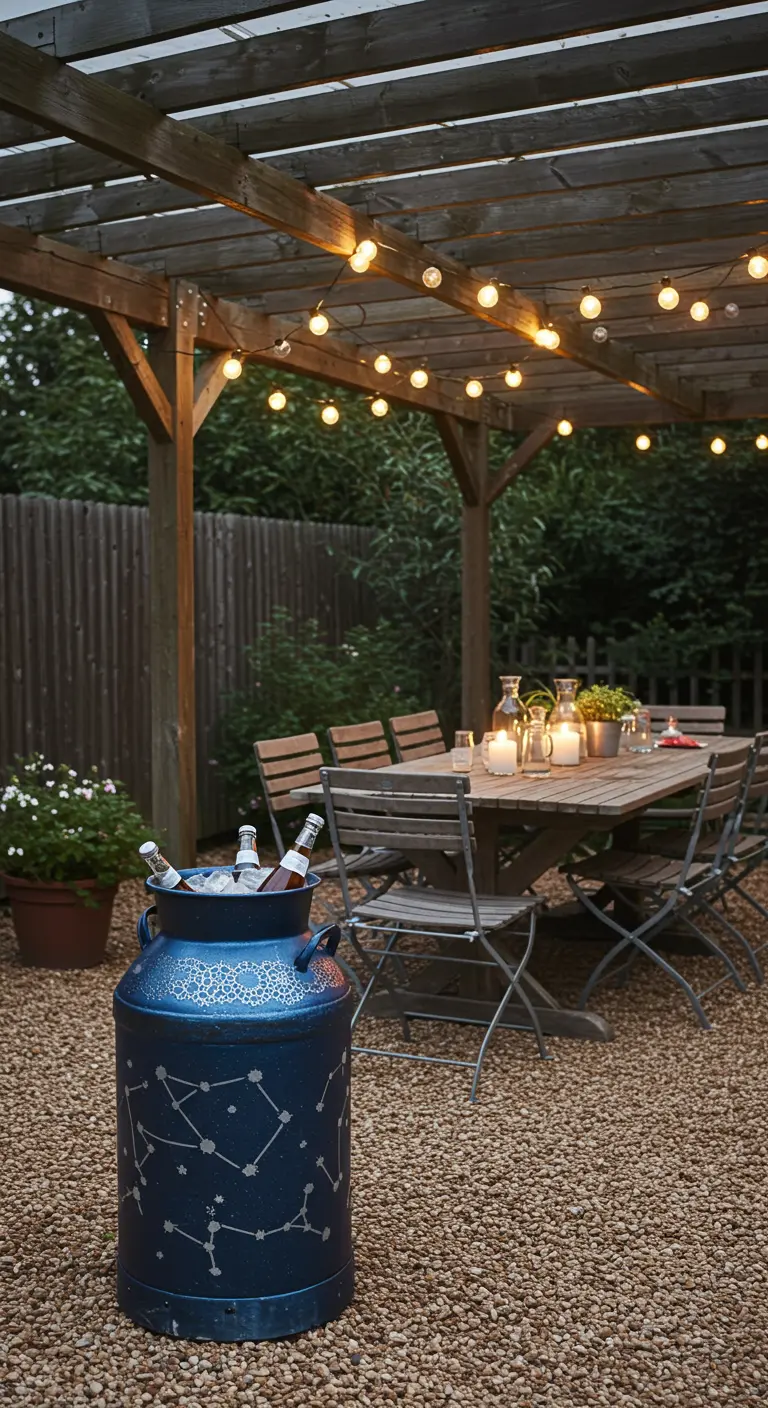 A navy blue milk can with a silver constellation stencil is being used as a drink cooler on a patio.