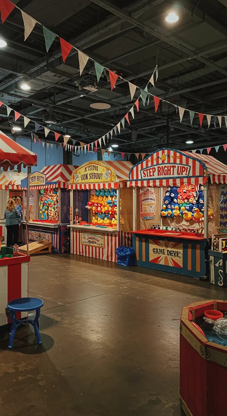 A row of colorful carnival game booths like 'Step Right Up' at a party.