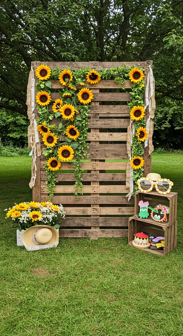 A photo booth backdrop made from a wooden pallet decorated with sunflowers and ivy.