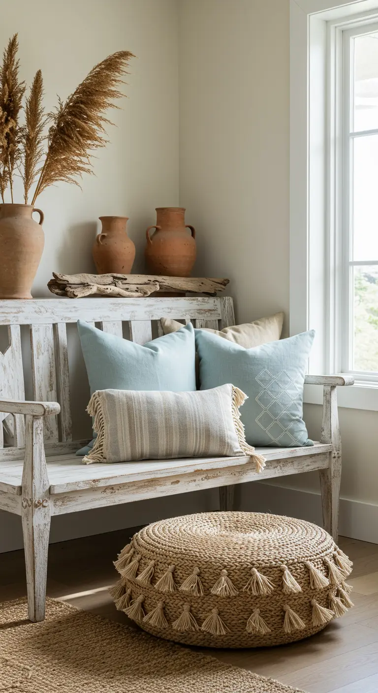 A whitewashed wooden bench with blue and cream pillows, beside a large tasseled wicker pouf.