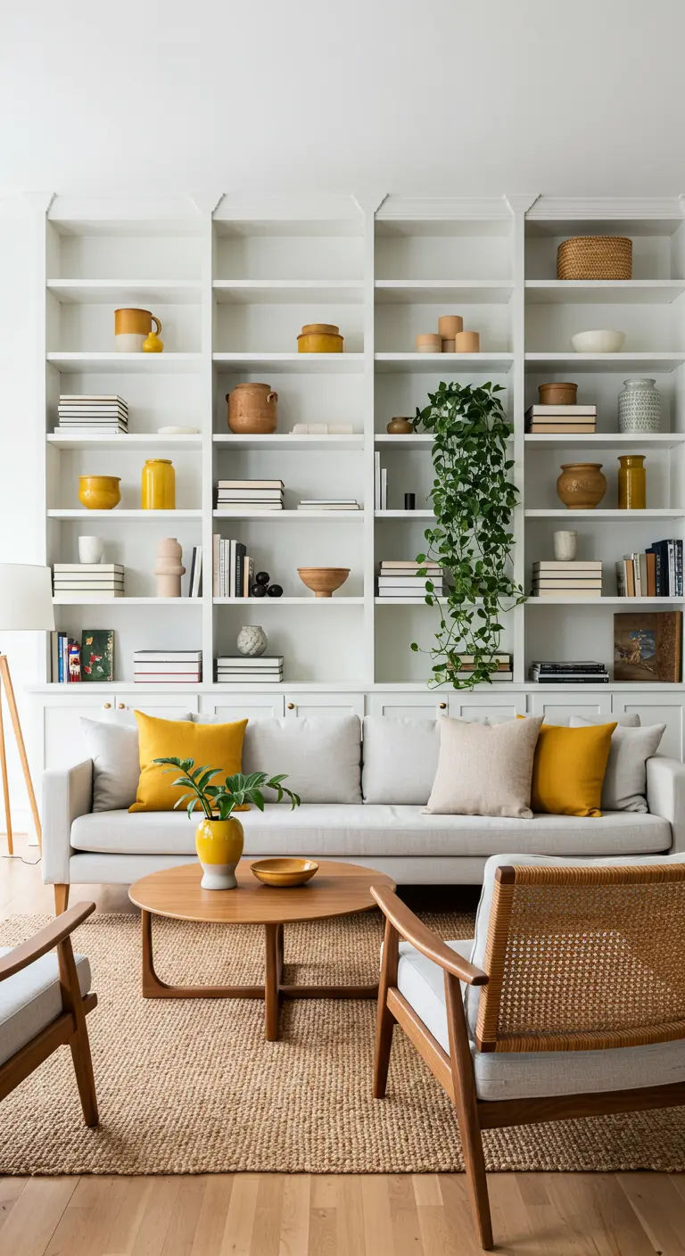White built-in bookshelves styled with curated groups of mustard yellow pottery and decor.