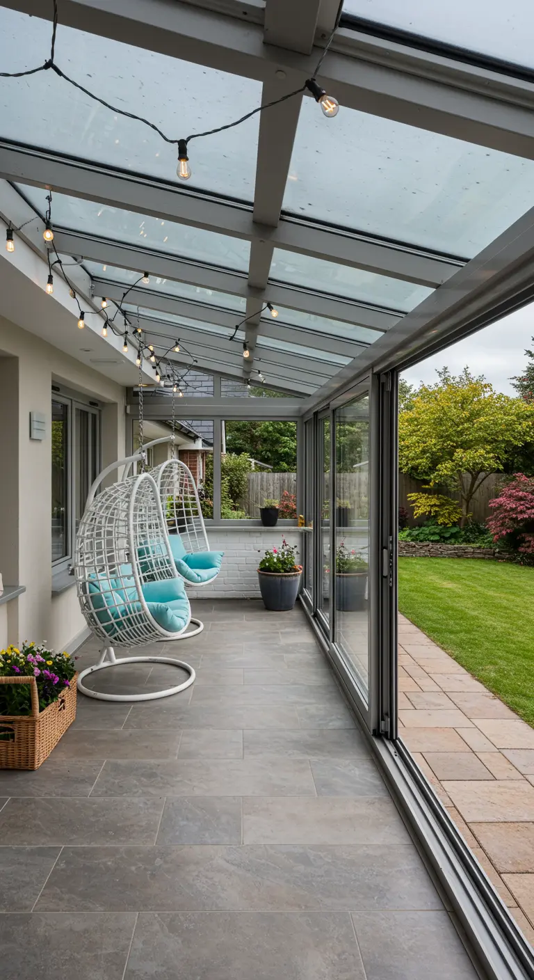 Two white hanging egg chairs in a glass sunroom with string lights along the ceiling beams.