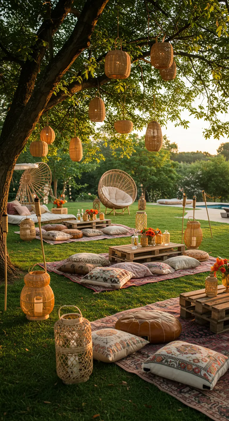 Boho picnic with pallet tables, floor cushions, and rattan lanterns in a grassy yard.