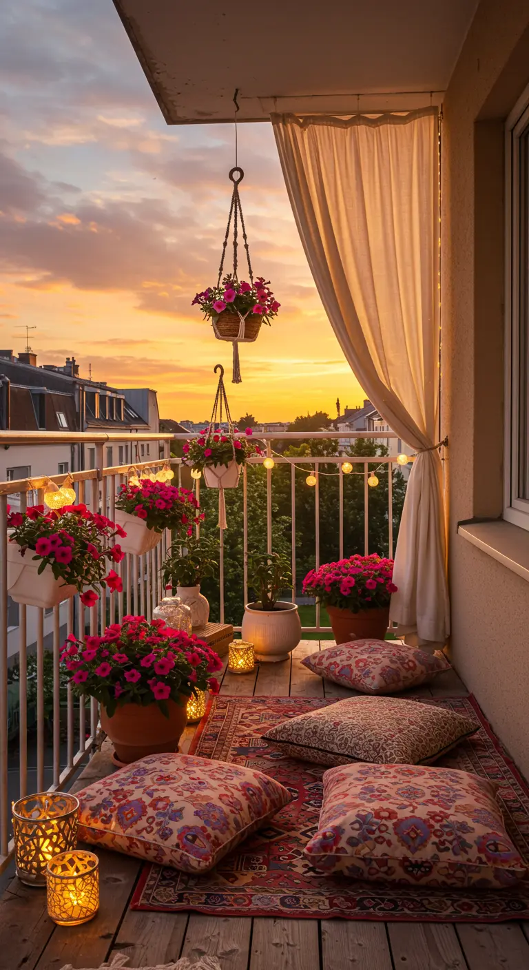 Boho balcony at sunset with a kilim rug, floor cushions, and hanging pink petunias.
