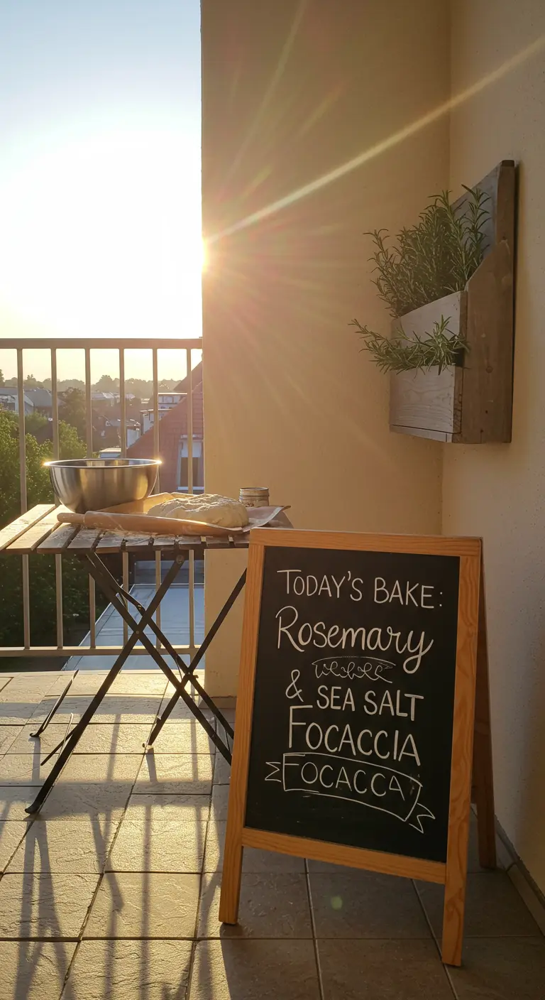 A balcony at sunset with dough ready for baking, next to a planter of fresh rosemary.