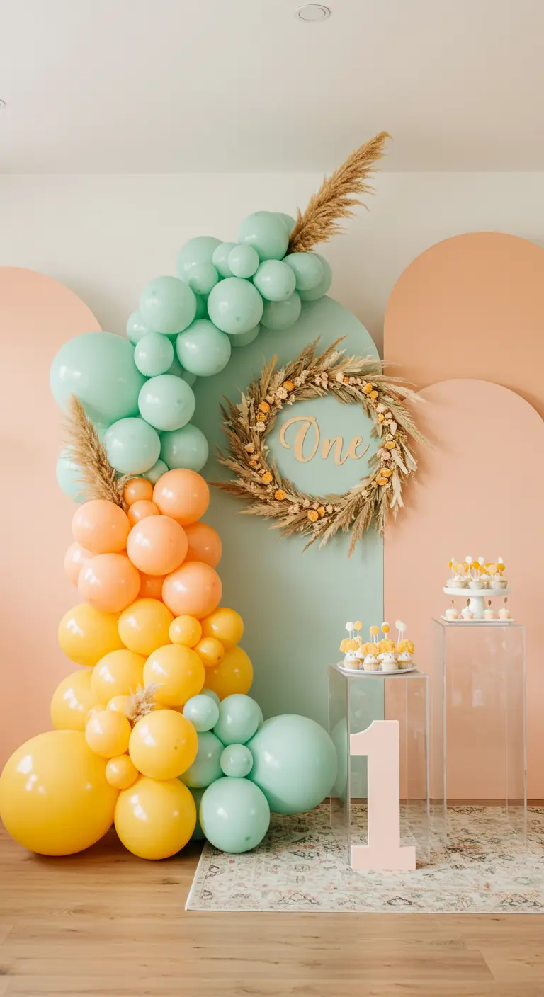 A sunset-colored balloon garland against mint and peach arched backdrops.