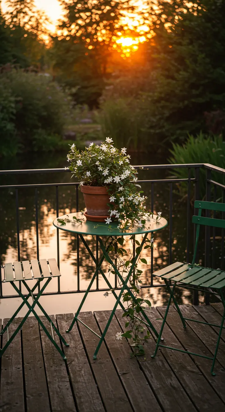 A green bistro set on a wooden deck overlooking water at sunset, with potted jasmine.